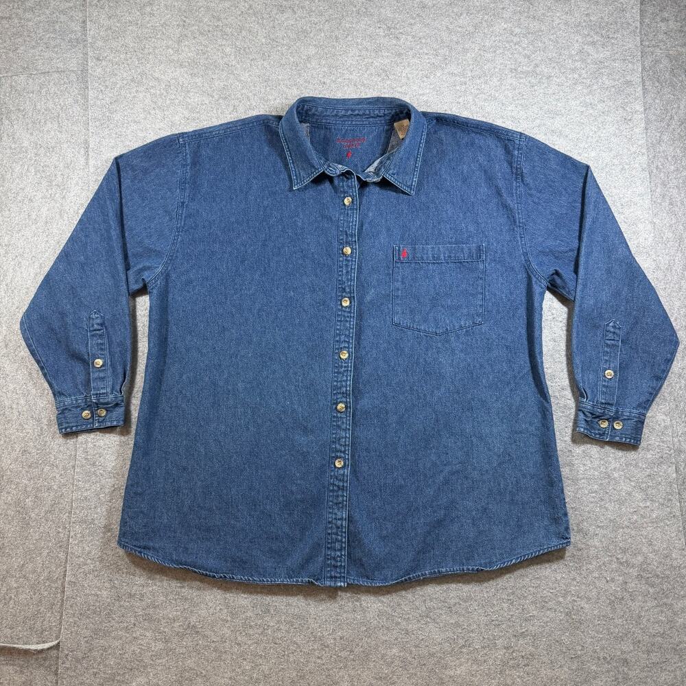 Mountain Lakes Denim Shirt Mens 2XL Blue Button Front Vintage Leaf Logo Workwear